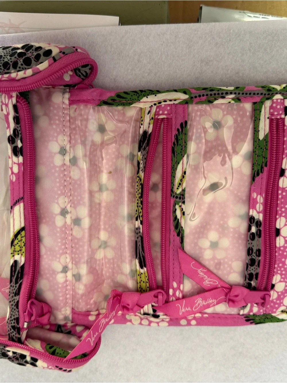 Vera Bradley Pink Quilted Floral Cosmetic Case with Green Leaves